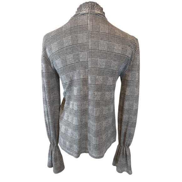 2/$30 Zara Trafaluc Small Gray Plaid Dainty Blouse Ruffled Cuffs High Neck - Picture 9 of 13